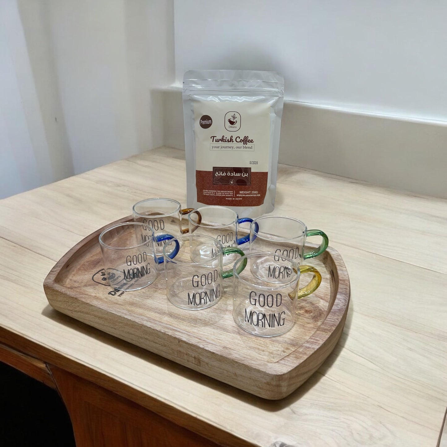 6x 90 ML good morning cup with 100% natural wooden tray and 250gm Turkish coffee
