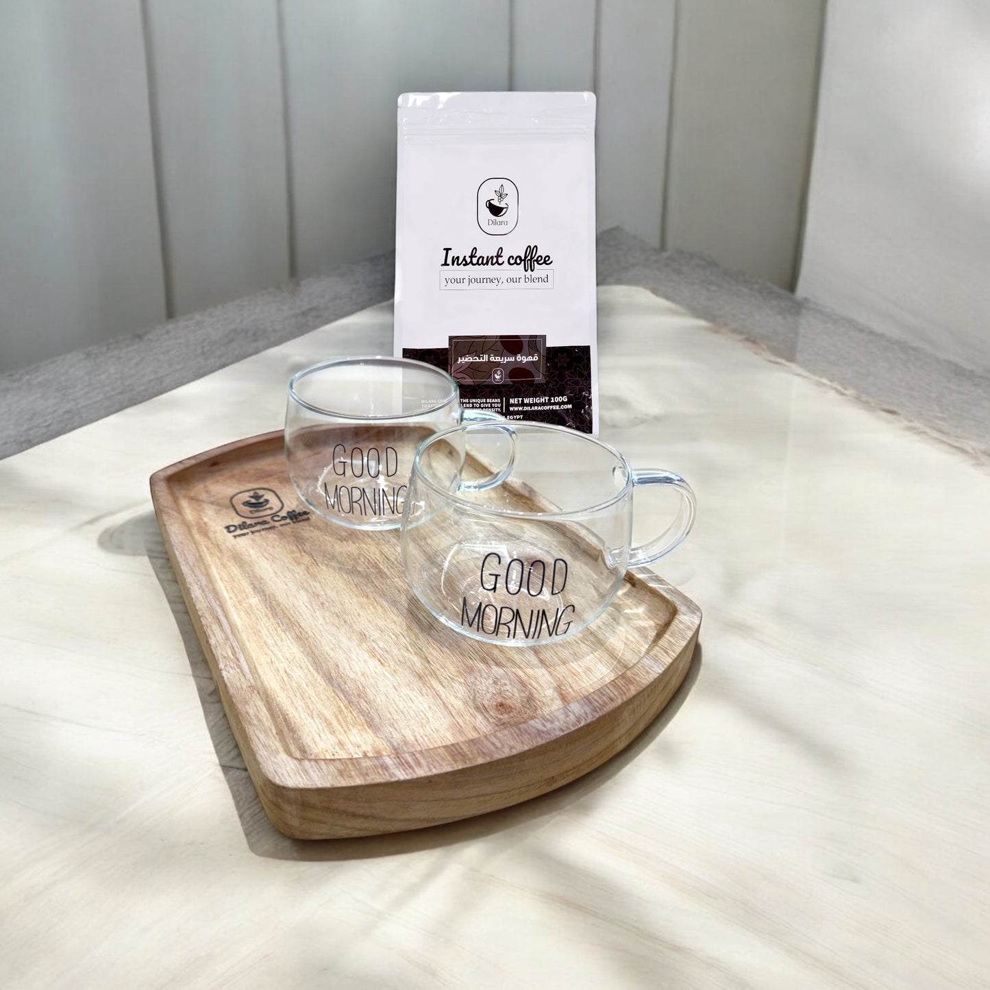 200gm Instant coffee good morning bundle with 2x 400ml mugs and 100% natural wooden tray