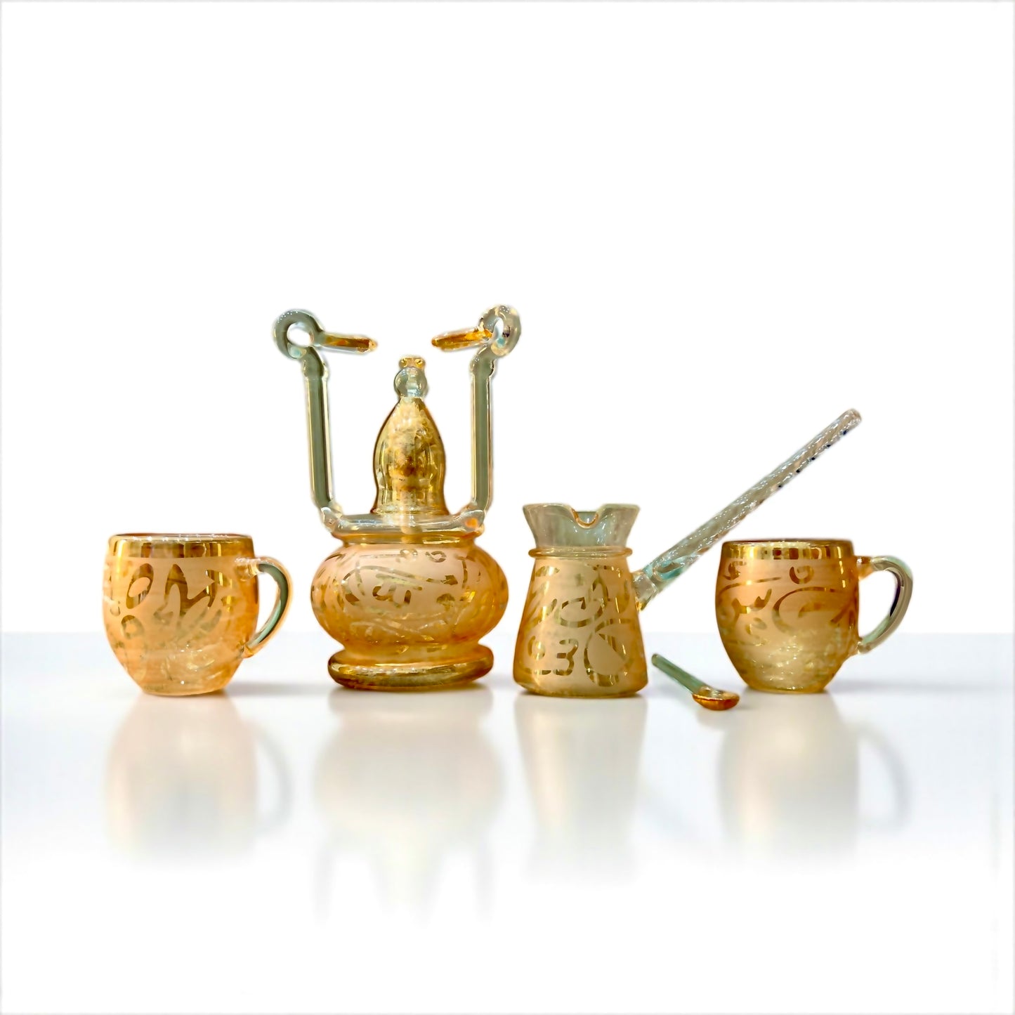 Pyrex coffee set colored calligraphy letters
