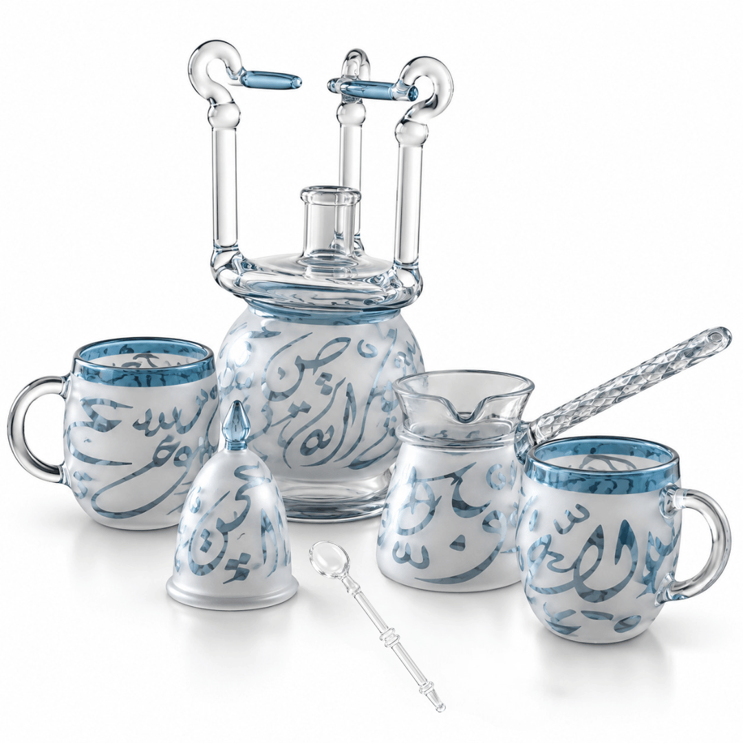 Pyrex coffee set Arabic letters_ blue