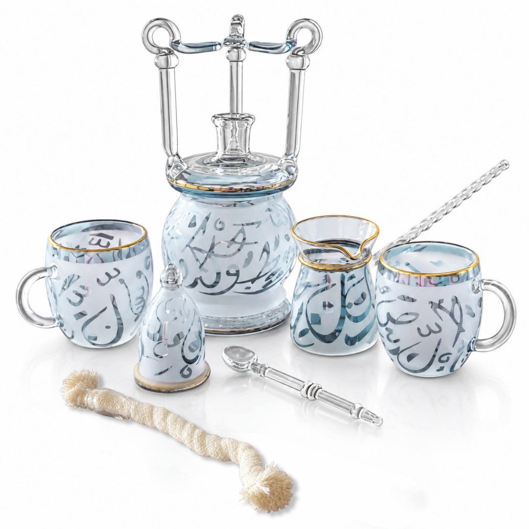 Pyrex coffee set colored gold touch blue