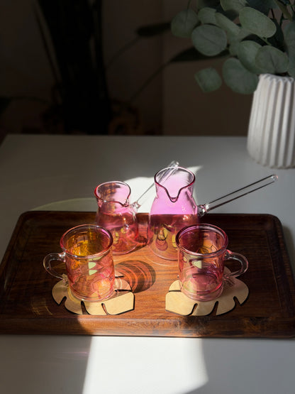 pyrex 4 set + 2 wooden coasters