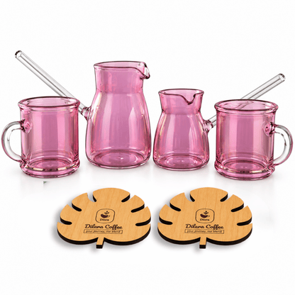pyrex 4 set + 2 wooden coasters pink