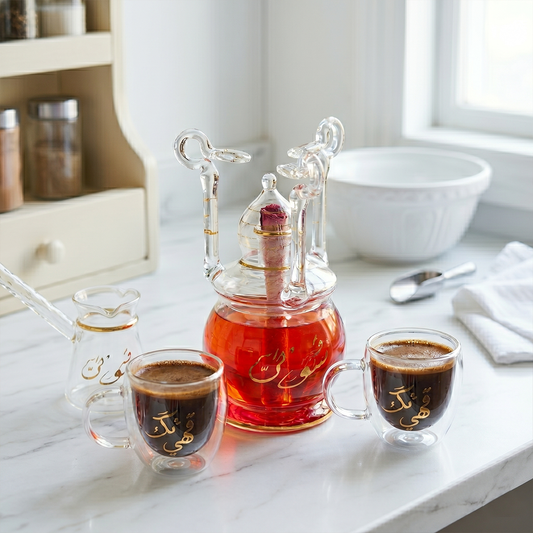 Kahwaty & kahwatak pyrex coffee set golden arabic calligraphy