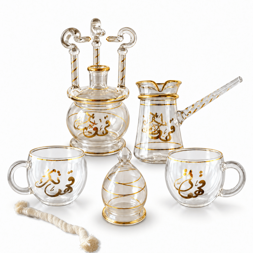 Kahwaty & kahwatak pyrex coffee set golden arabic calligraphy