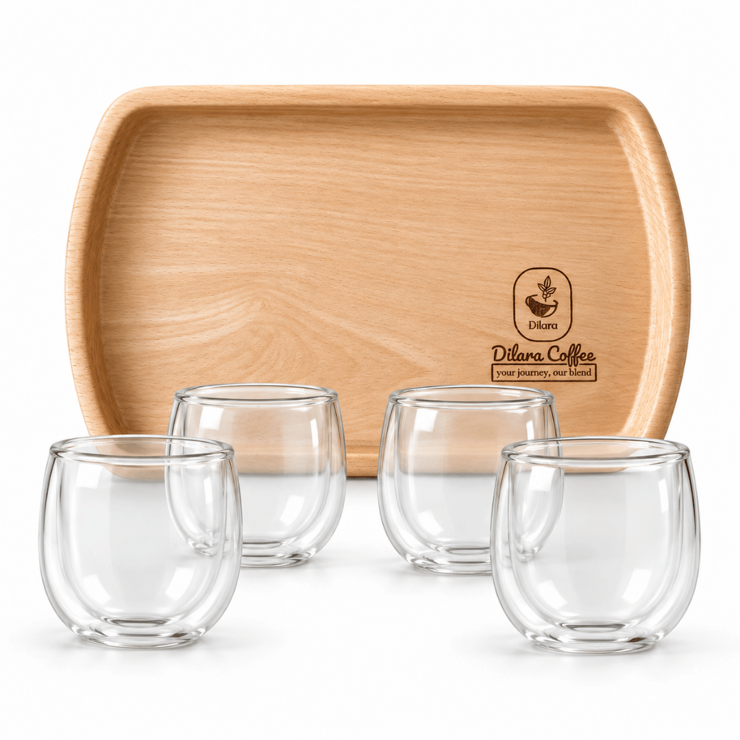 beech wood tray with 4 double glass mugs