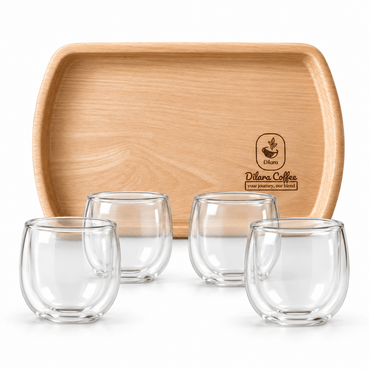 beech wood tray with 4 double glass mugs