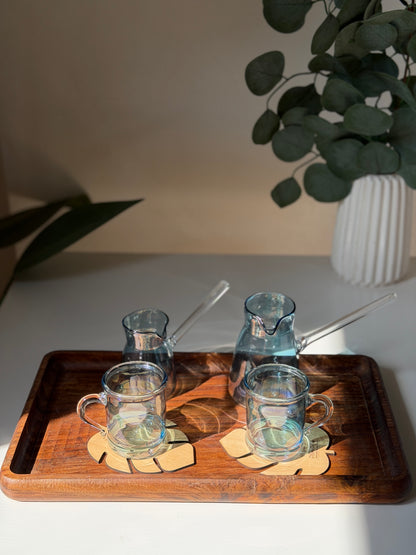 pyrex 4 set + 2 wooden coasters